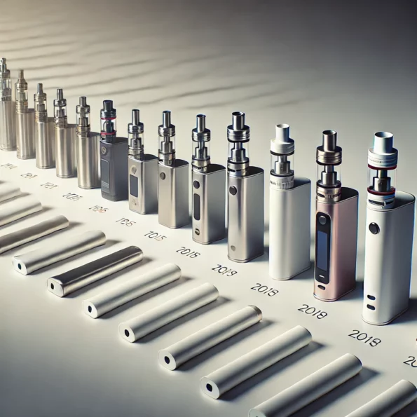 Imagem realista mostrando a evolução dos dispositivos de vape ao longo do tempo, com uma linha do tempo apresentando diferentes designs de vapes, desde modelos antigos e simples até dispositivos modernos e avançados, sobre um fundo branco limpo.