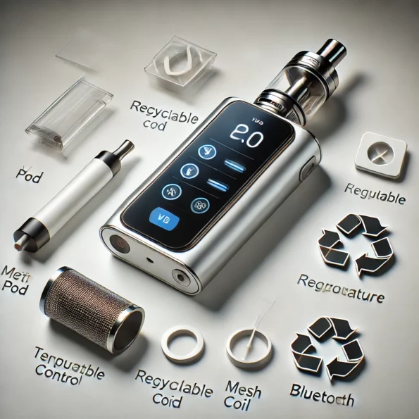 Inovações do vape representadas por dispositivos modernos com apps e pods recicláveis