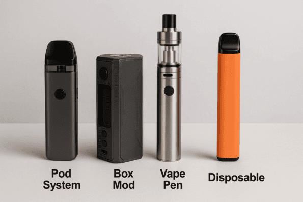 Escolher o Vape. Imagem com quatro dispositivos de vape diferentes: Pod System, Box Mod, Vape Pen e Disposable, dispostos em linha sobre fundo cinza claro, destacando os diferentes estilos e formatos.