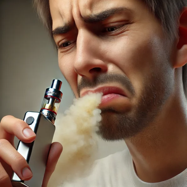 Pessoa tossindo ao usar um vape com gosto de queimado, mostrando expressão de desconforto enquanto segura o dispositivo em um ambiente neutro.