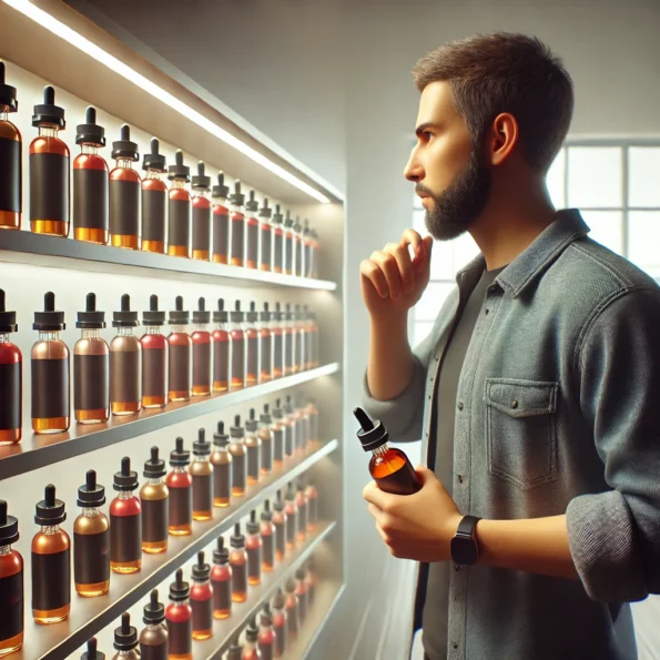 Pessoa em dúvida escolhendo a melhor essência para vaper em uma loja, olhando prateleiras com frascos de juice premium.