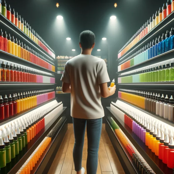 Pessoa escolhendo entre os melhores sabores de pod em uma loja de vape, segurando dois frascos enquanto examina prateleiras cheias de opções populares.