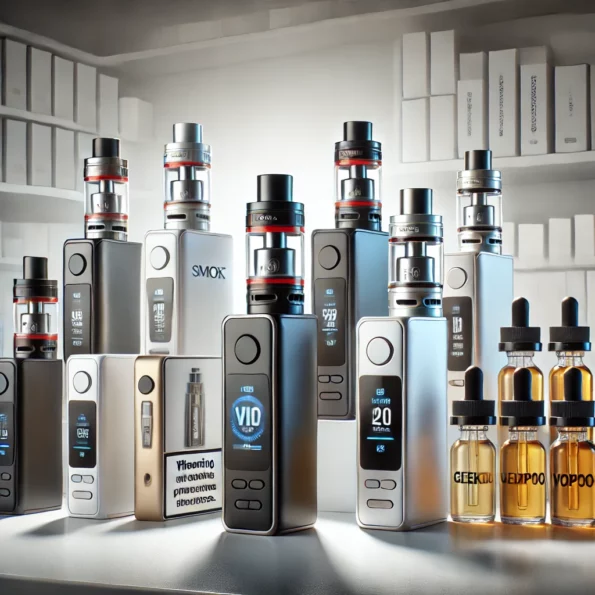 Dispositivos de vaping de marcas renomadas, como Vaporesso, SMOK e GeekVape, organizados em uma superfície, destacando as melhores marcas de vaping.
