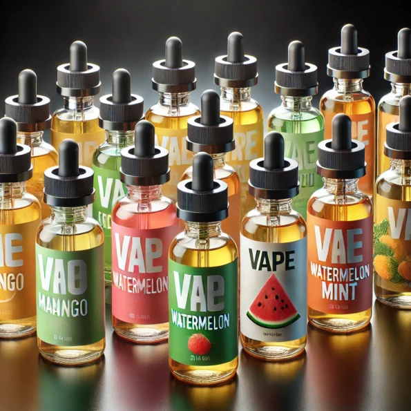 Variedade de frascos de juices com diferentes sabores, como manga e melancia, destacando o foco em explorar os sabores de vape.