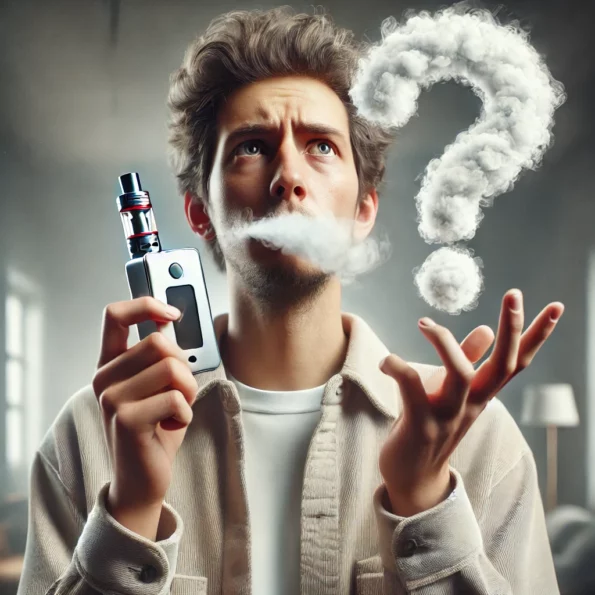 É vape ou vaper? Imagem ultra-realista de uma pessoa segurando um vape e olhando confusa, com um grande ponto de interrogação acima da cabeça.
