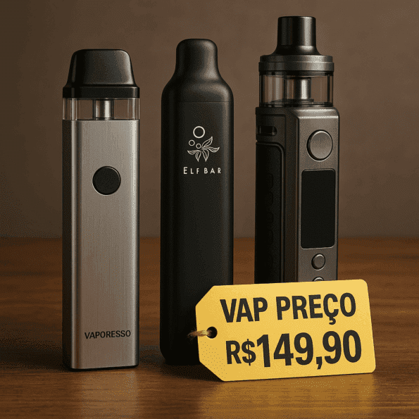 Vai Preço Três modelos populares de vaporizadores (Vaporesso XROS, Elf Bar e Voopoo Drag S) organizados sobre uma mesa de madeira, com etiqueta de preço destacando R$149,90.