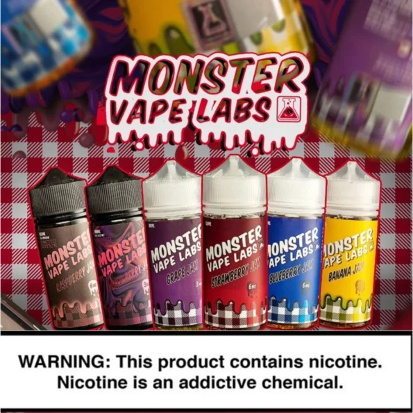 Frascos coloridos da linha juice Monster com frutas ao fundo e vapor, destacando sabores como Mango Peach Guava e Melon Colada