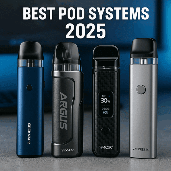 Imagem de comparação entre os melhores pod systems de 2025 com destaque para modelos Vaporesso, Uwell, SMOK e Voopoo.