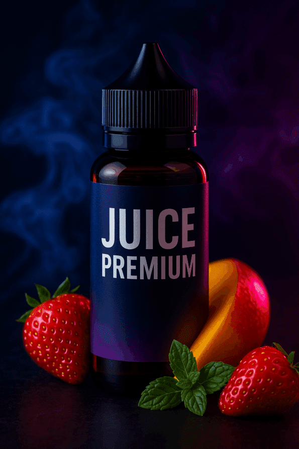 Frasco de juice premium com morangos, manga e folhas de menta ao redor, com fundo neon moderno e vapor suave.