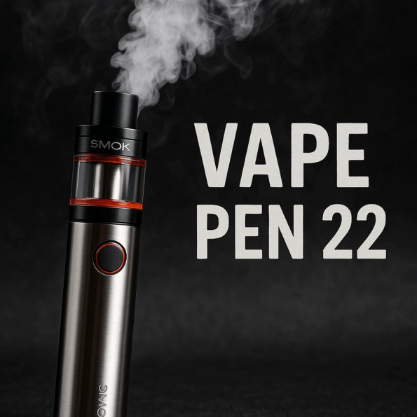 Dispositivo Smok vape pen 22 em close-up, soltando vapor em fundo escuro.