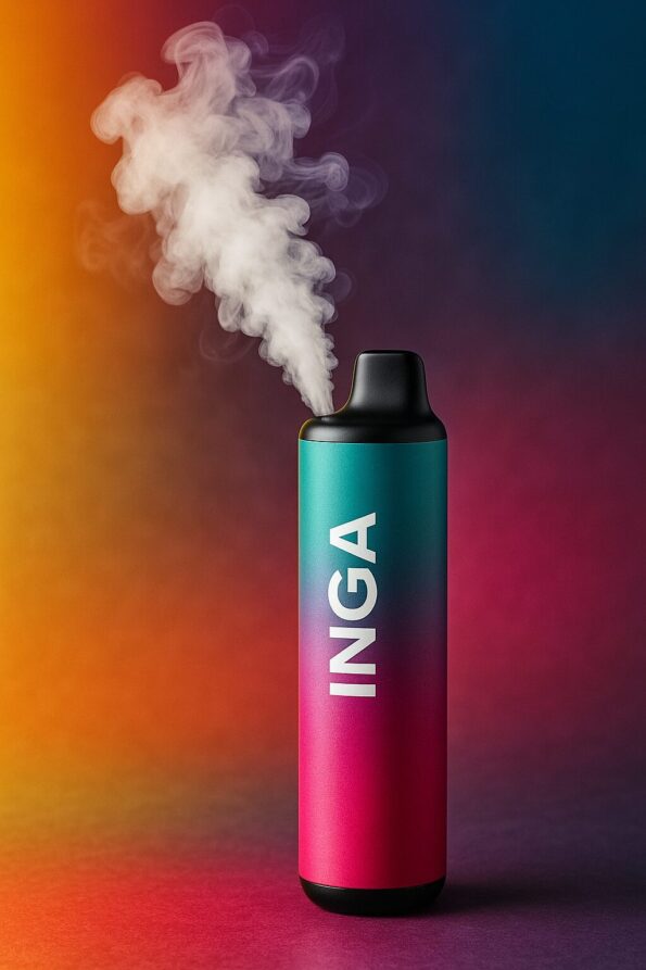 Vape Inga em destaque sobre fundo colorido, com vapor saindo do dispositivo.