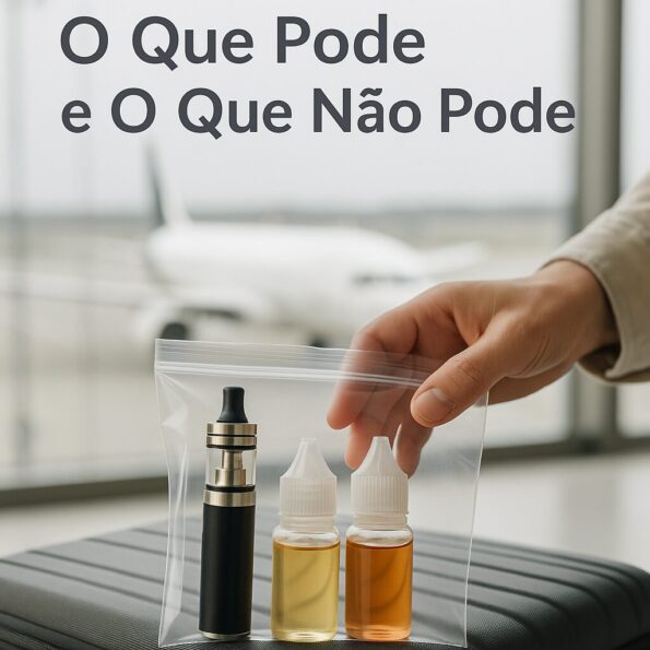 Pessoa guardando um vape e frascos de juice em bolsa transparente, antes de embarcar em avião, representando transporte seguro.